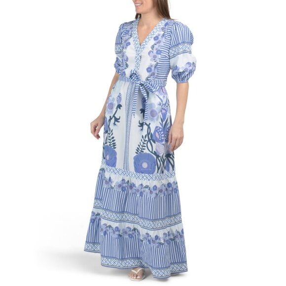CELINA MOON Navy Multi Short Sleeve Floral Striped Maxi Dress With Waist Tie